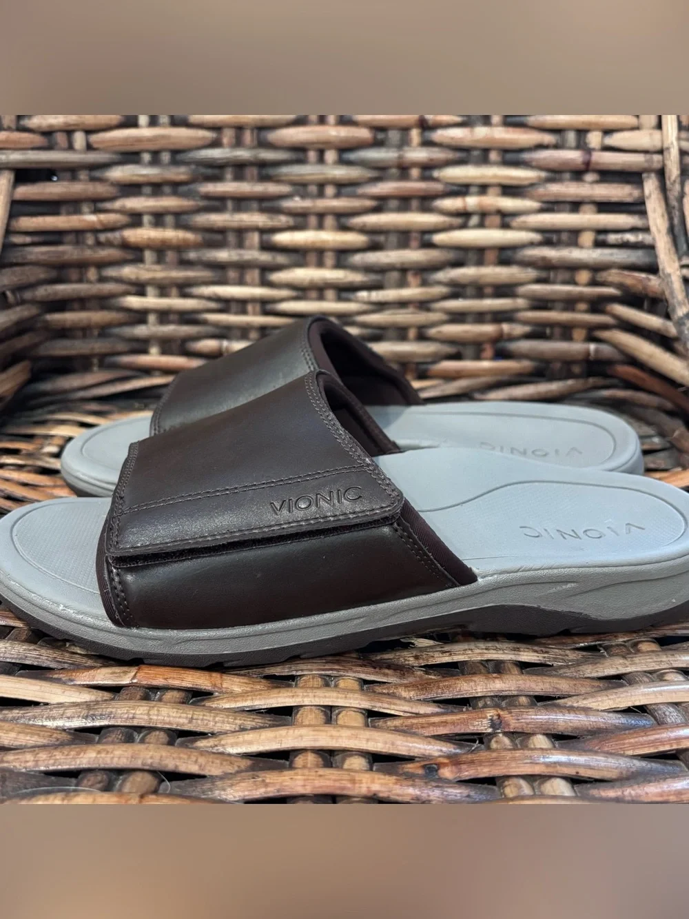 Vionic Brown Slides Sandals with Light Gray Footbed size 9. Great condition